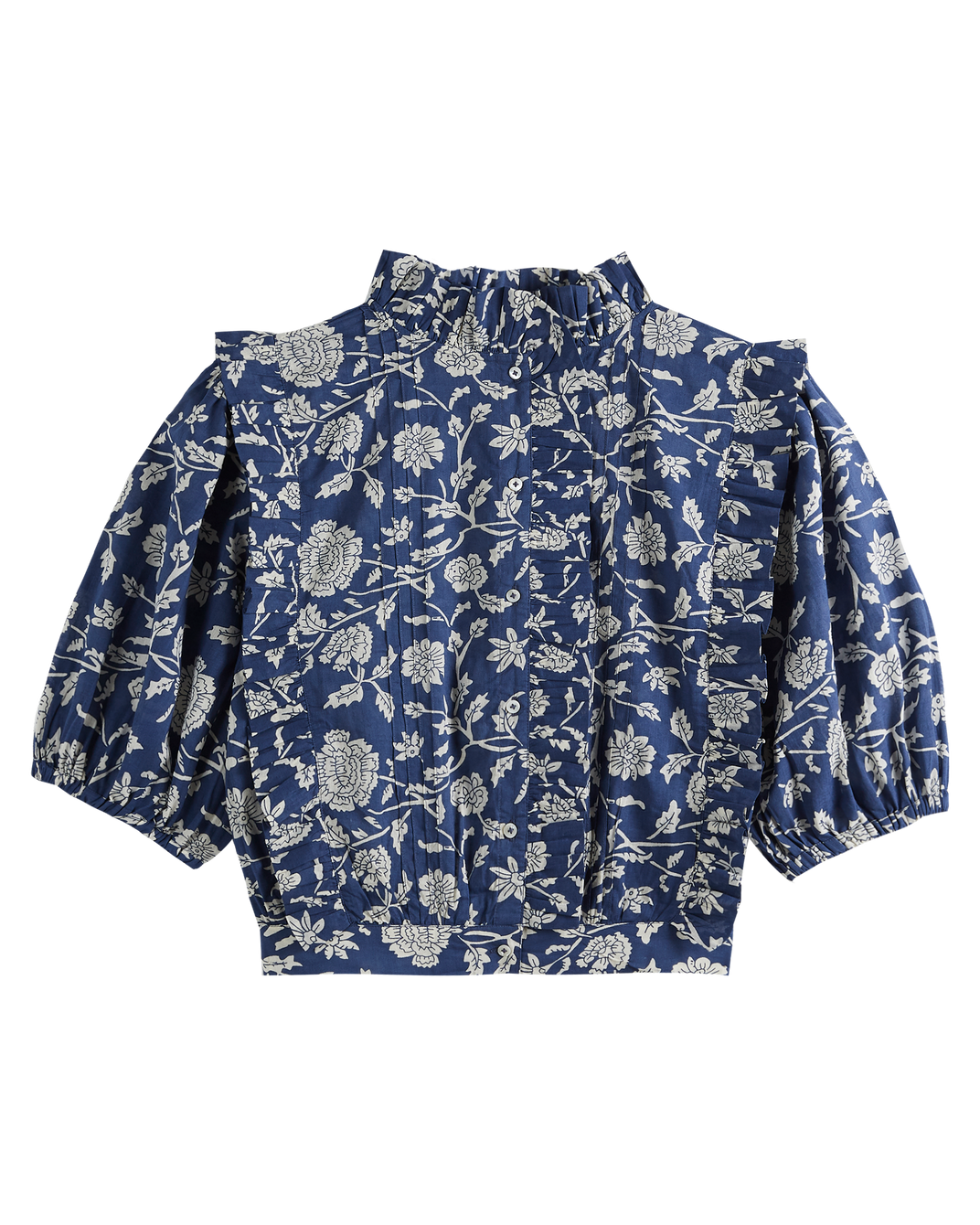 Blouse crop bleue à fleurs blanches