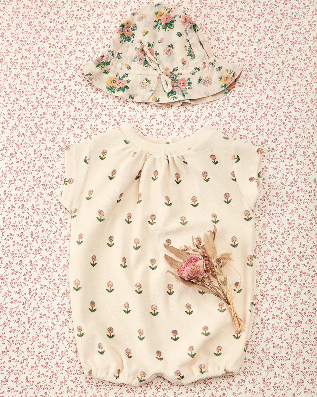Soft ecru floral terry cloth jumpsuit