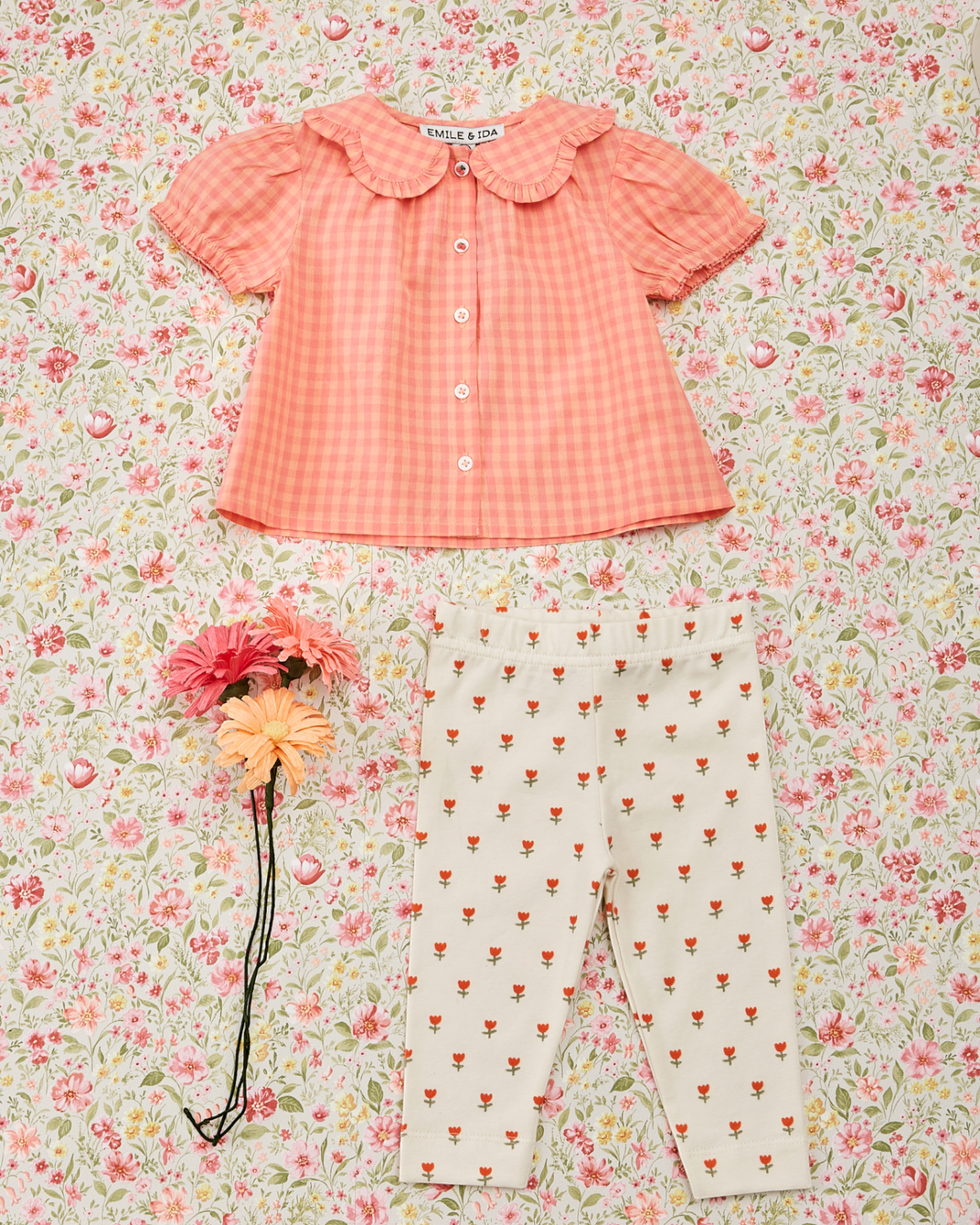 Blouse - Col fleurs vichy pivoine