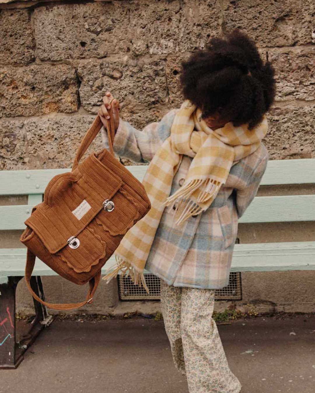 Manteau laine carreaux bleu et beige