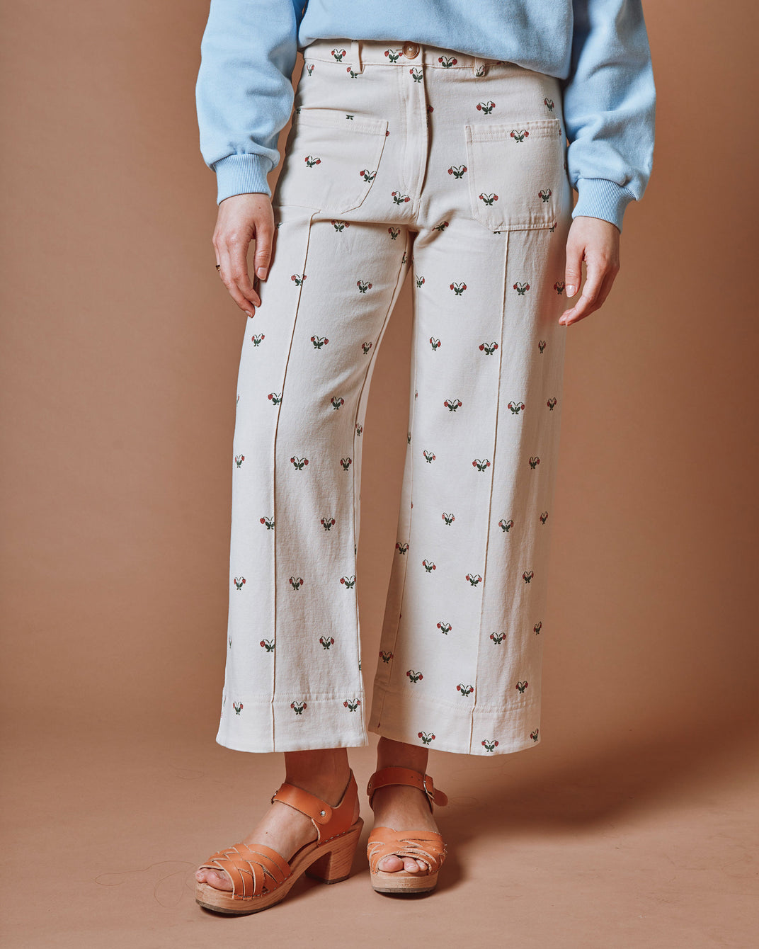 Pantalon - Crop fleurs écru