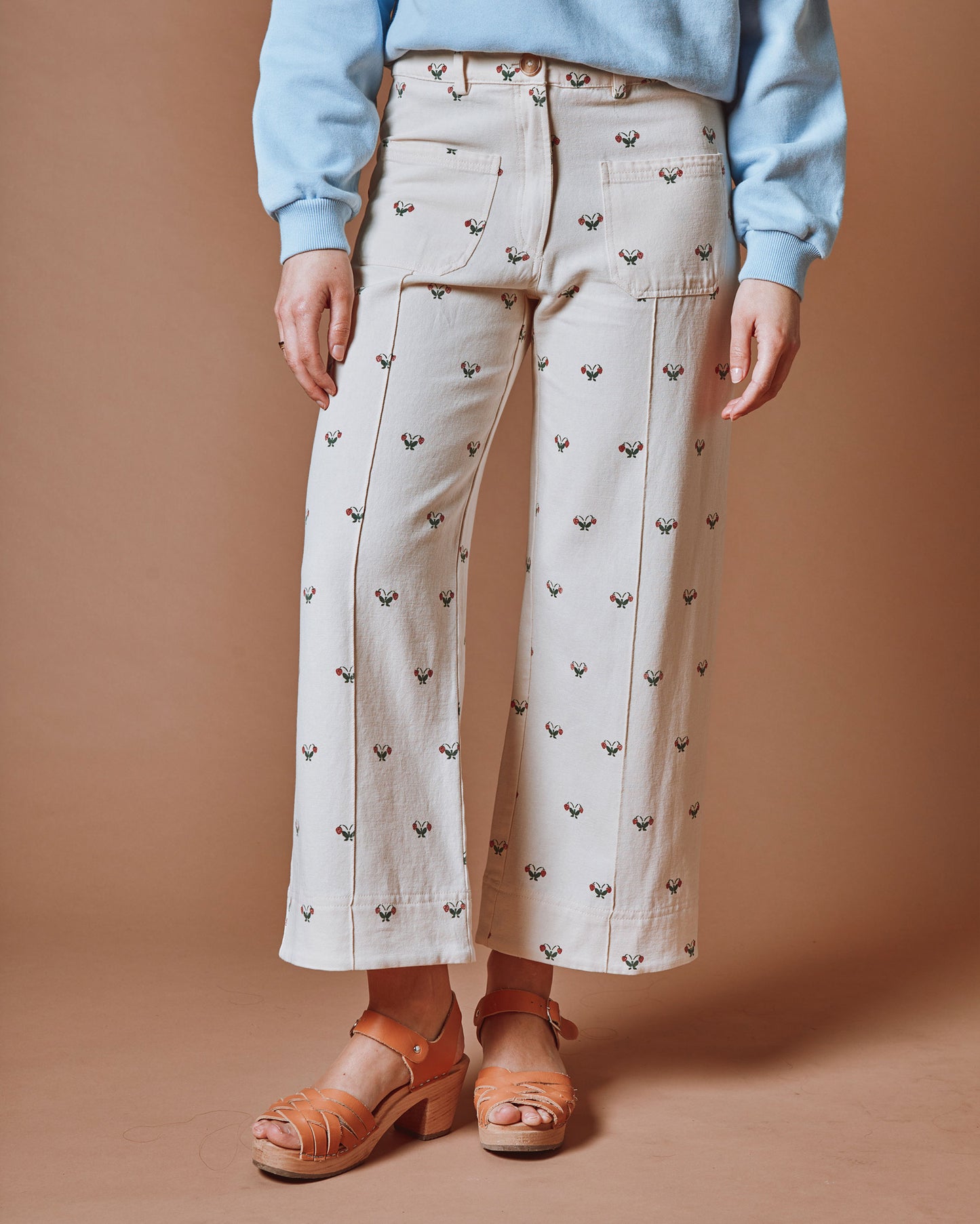 Pantalon - Crop fleurs écru