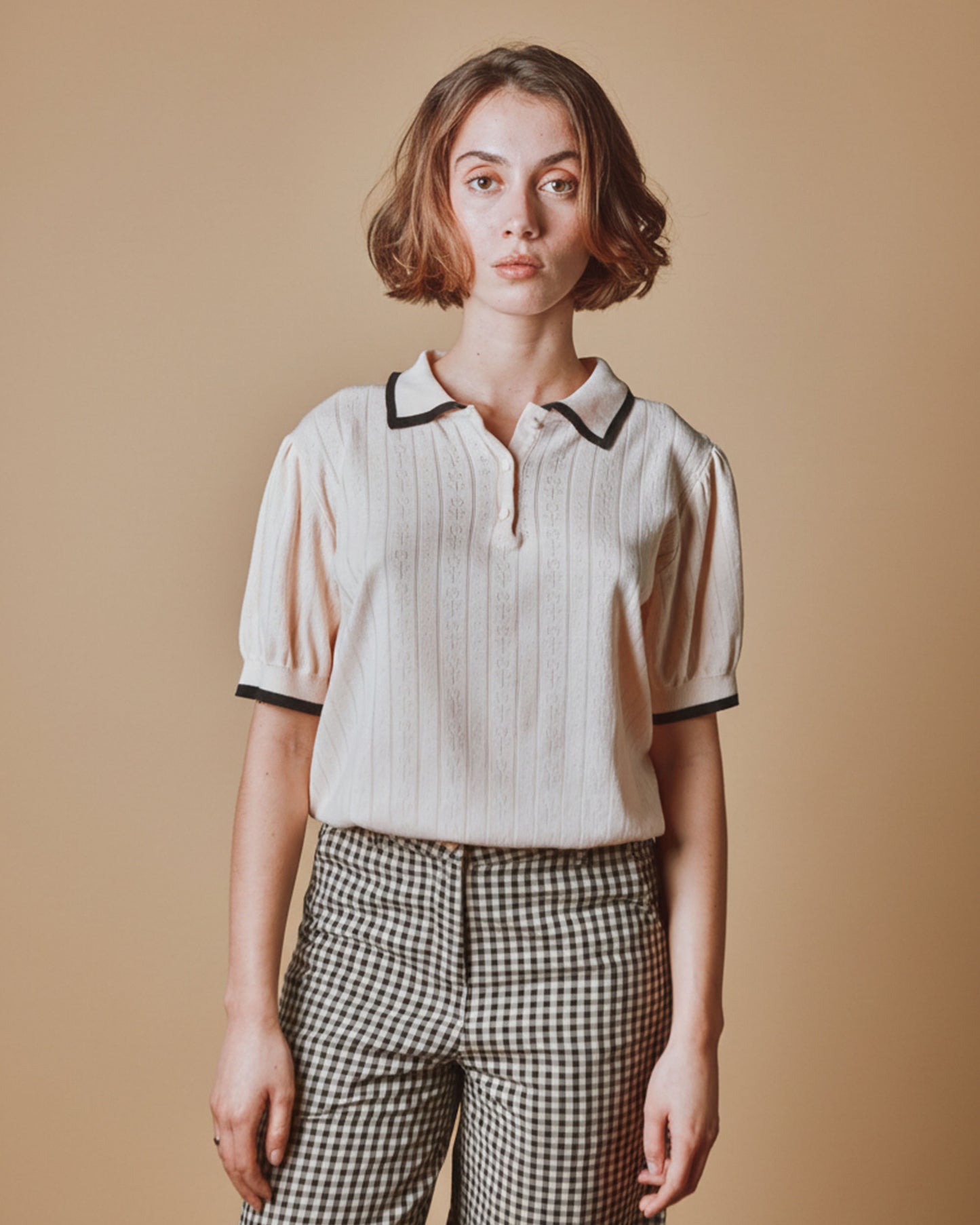 Polo femme - Pointelle modal crème rosé