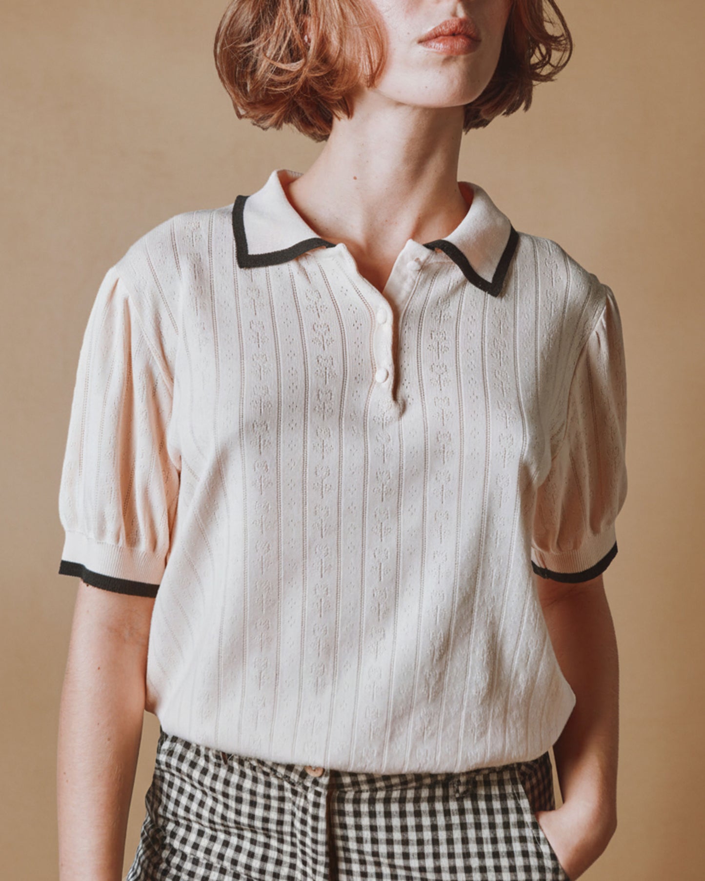 Polo femme - Pointelle modal crème rosé