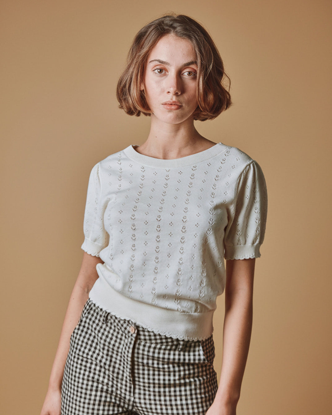 Pull - Ajouré fleurs crème