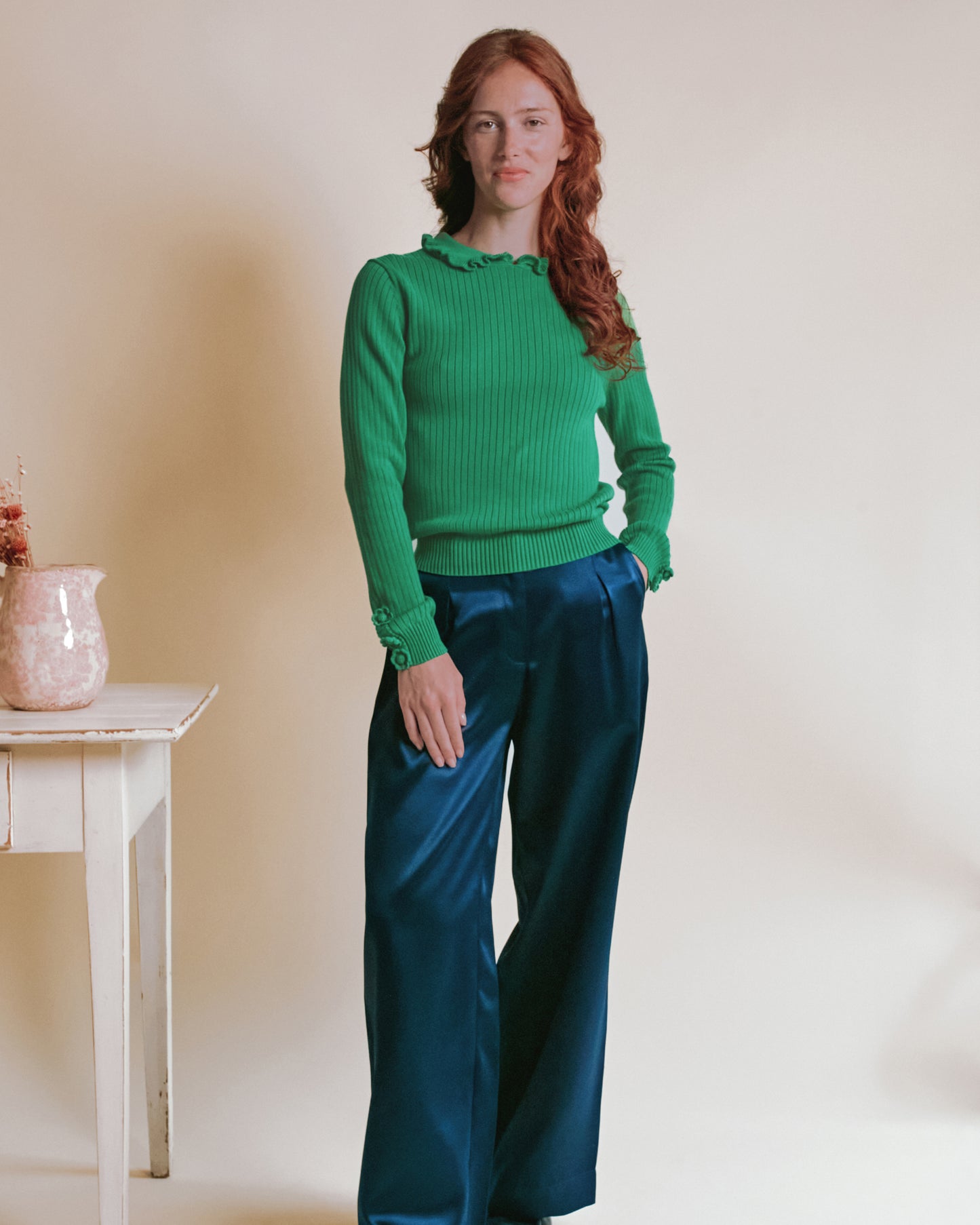 Pull - Côte col volanté vert