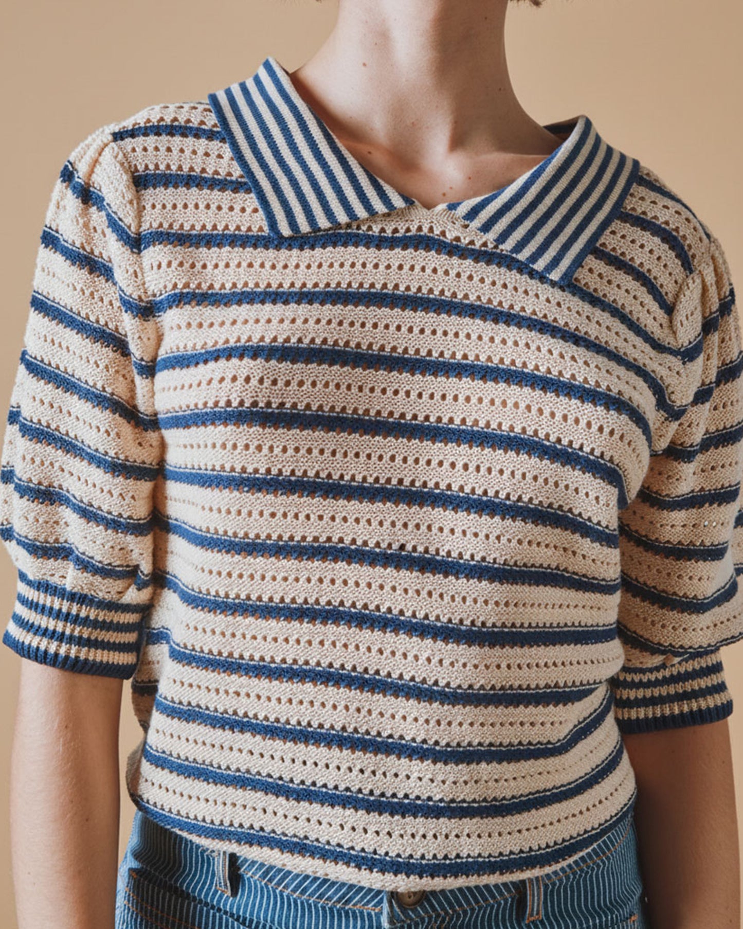 Polo - Ajouré rayé écru et marine