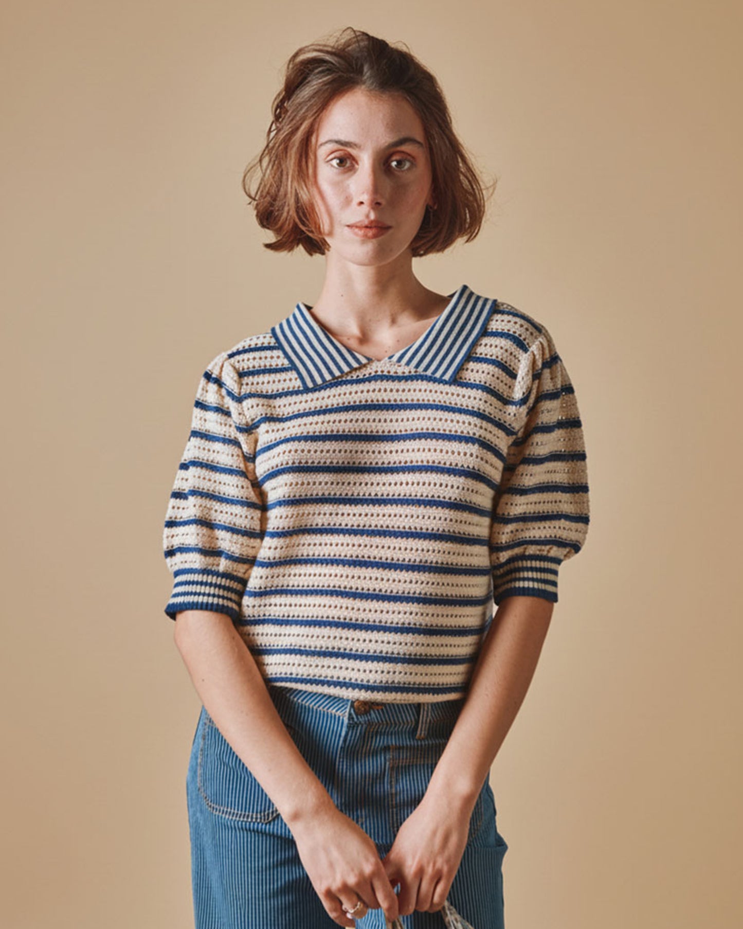 Polo - Ajouré rayé écru et marine