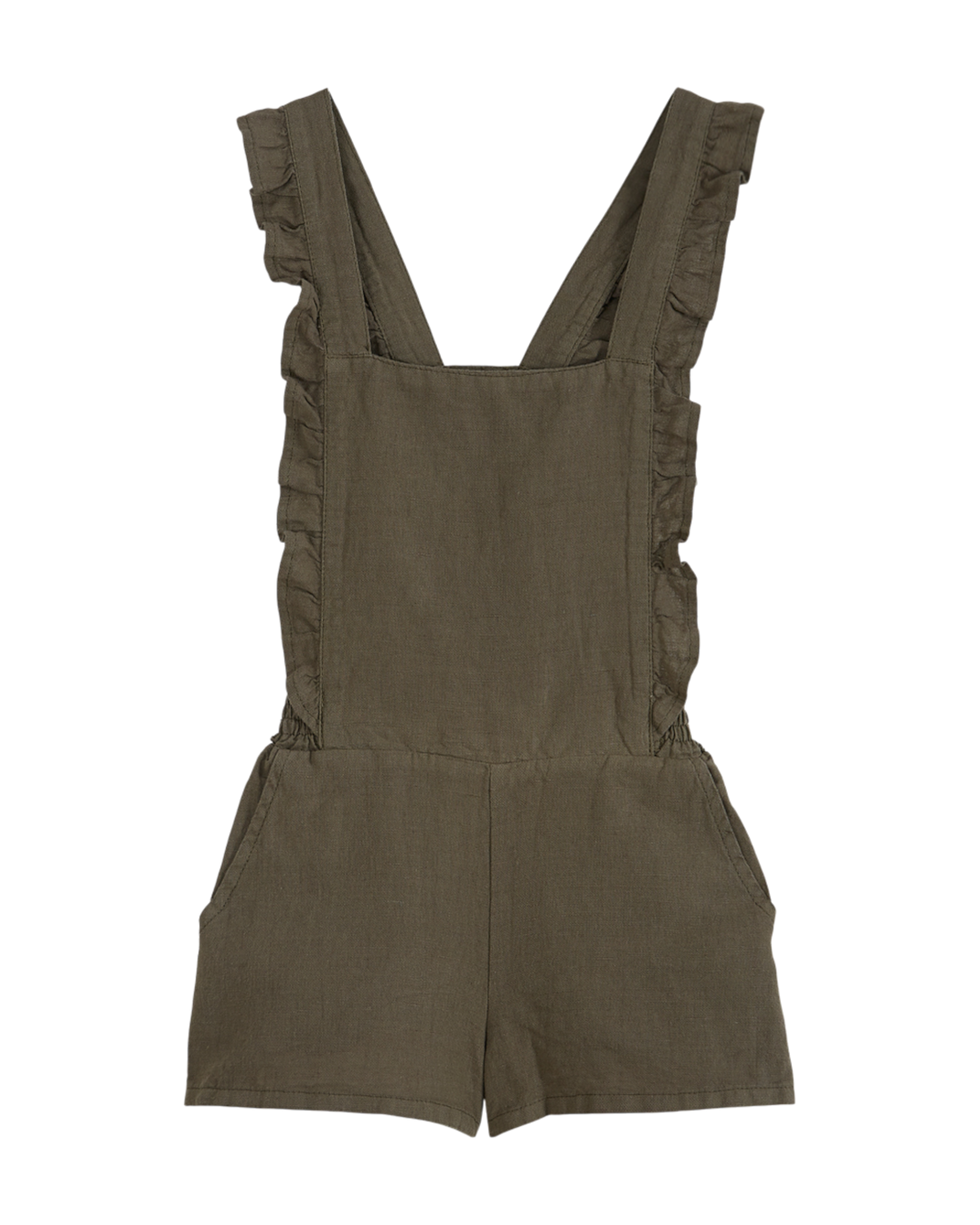 Khaki cotton and linen dungarees shorts