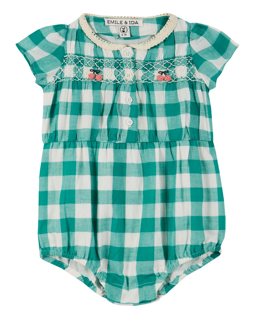 Smocked jumpsuit in white and green gingham