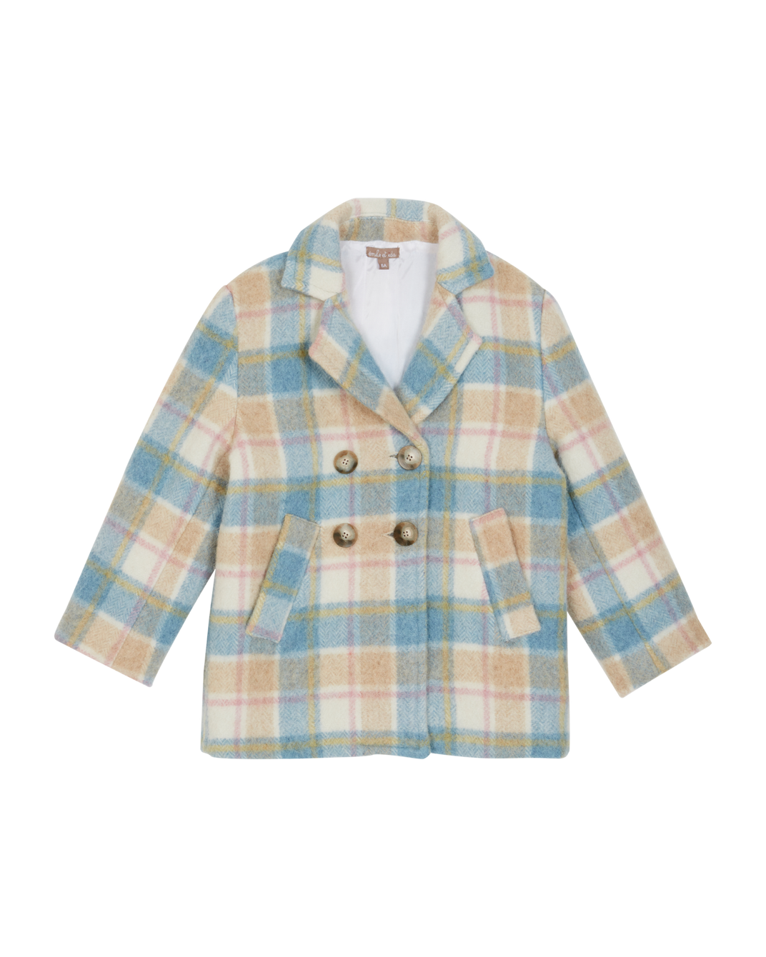 Manteau laine carreaux bleu et beige