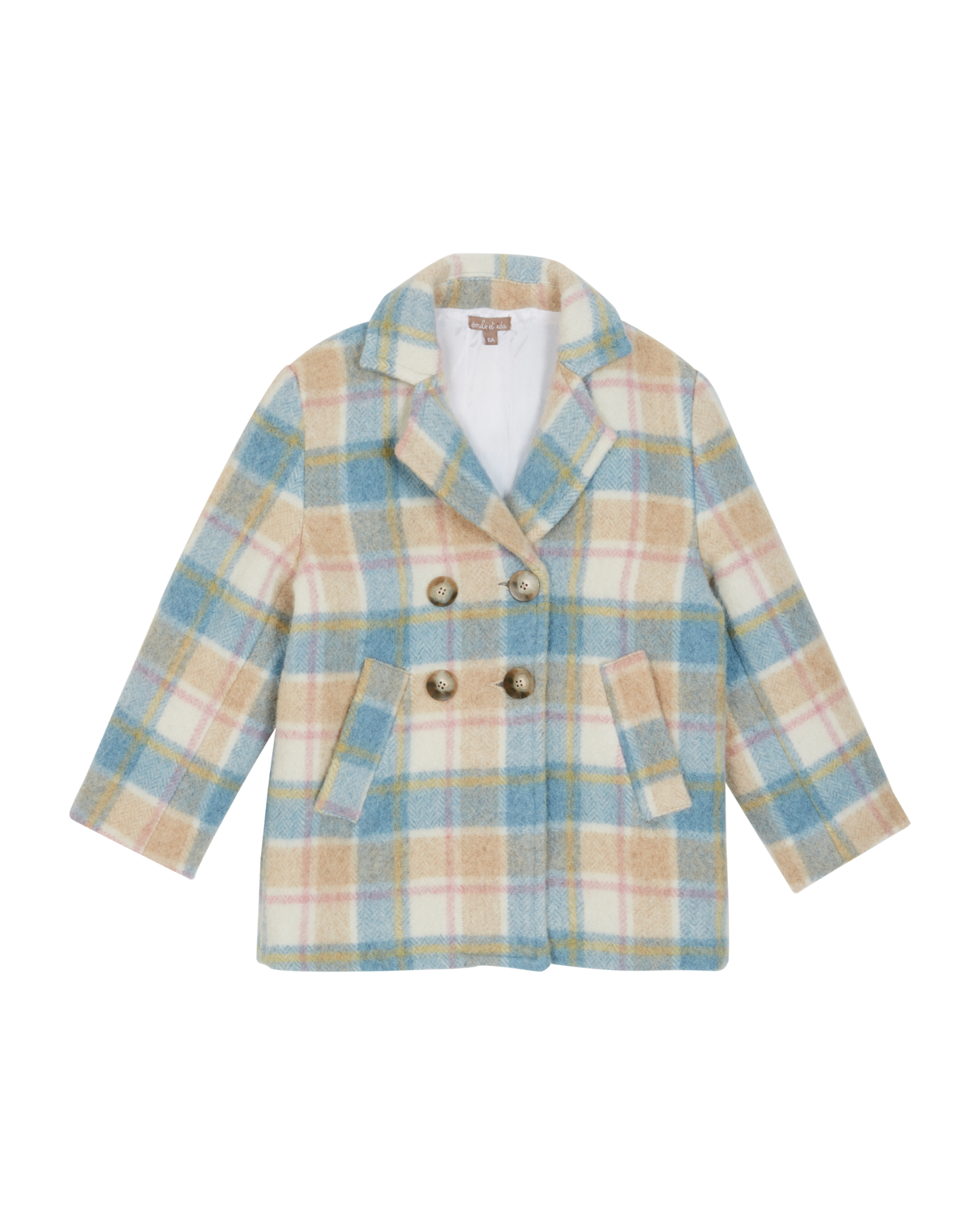 Manteau laine carreaux bleu et beige