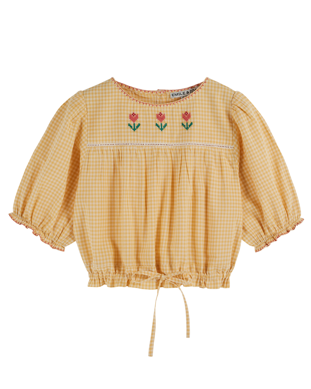 Yellow gingham embroidery blouse