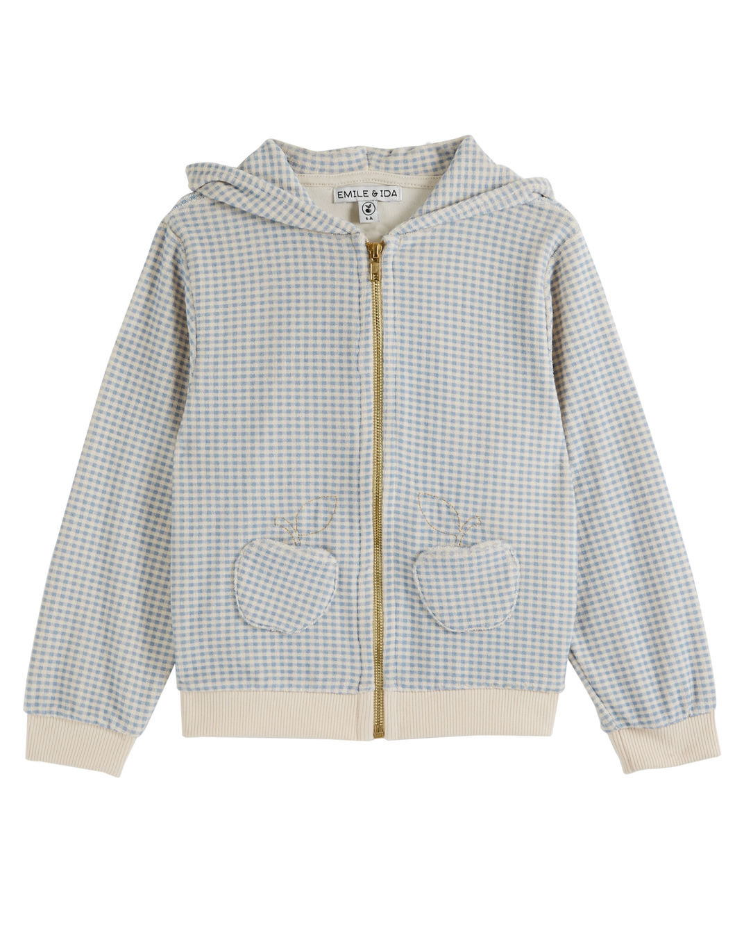 Blue gingham zipped terry sweatshirt