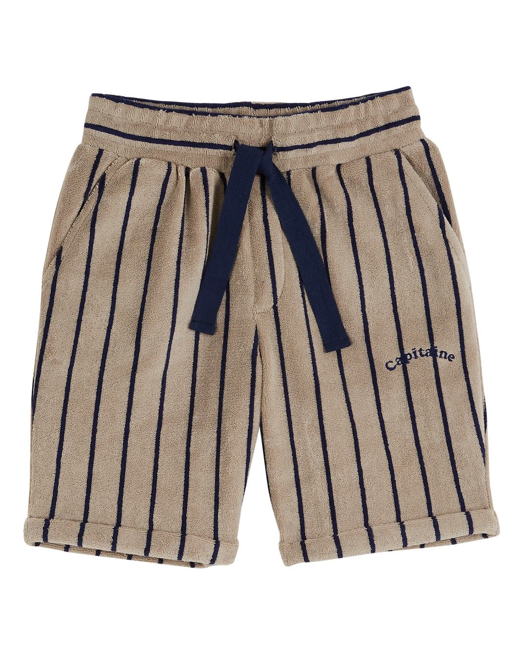 Navy blue striped terry Bermuda shorts