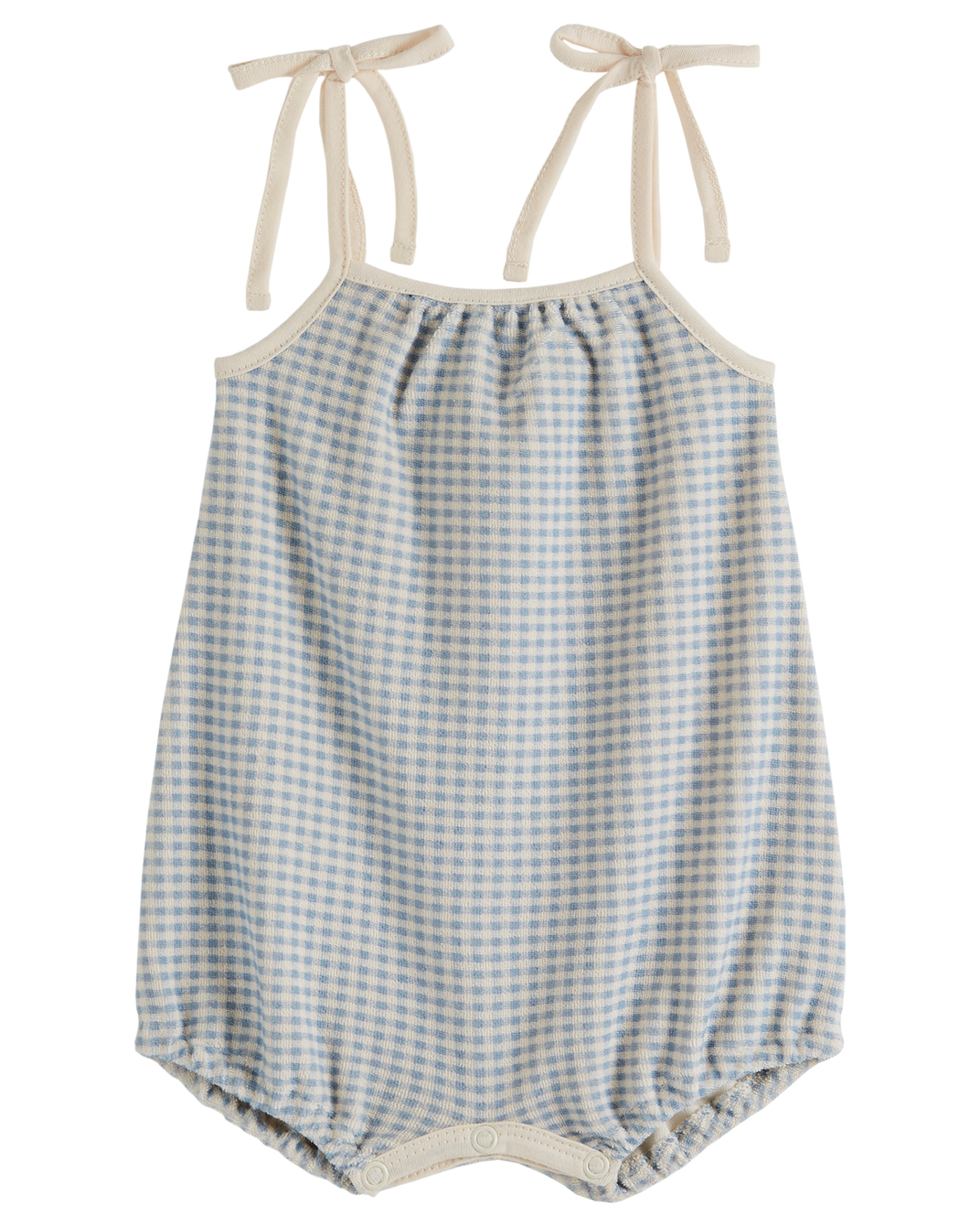 Blue gingham terry cloth strapless jumpsuit