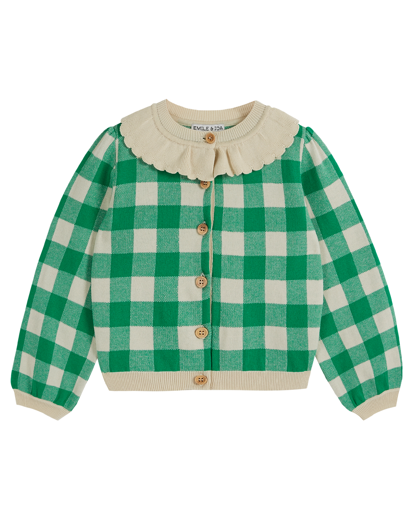 Girls' organic cotton cardigan in green gingham
