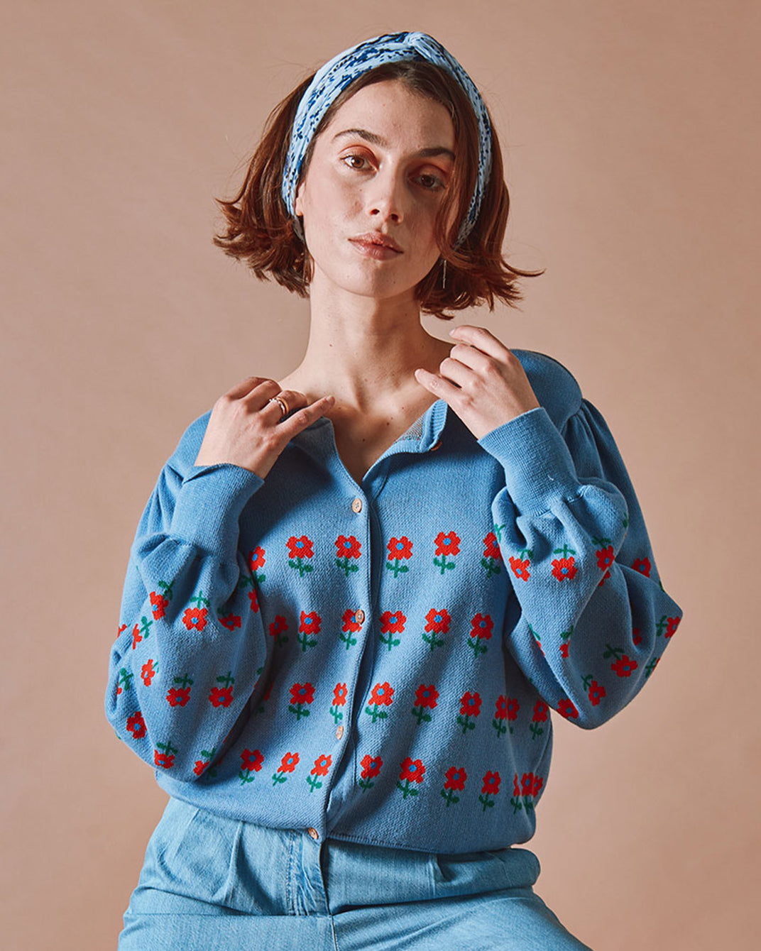 Cardigan - Jacquard à fleurs coton bio bleu