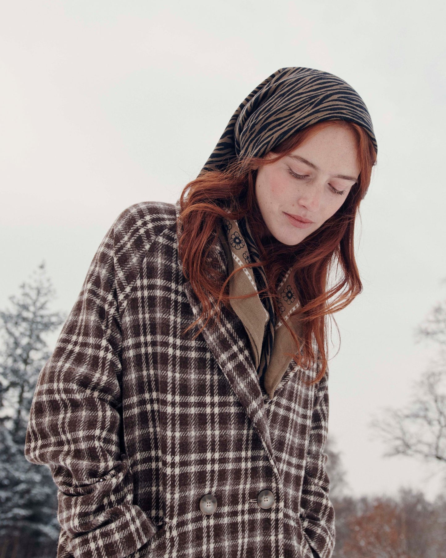 Manteau carreaux laine écru et chocolat