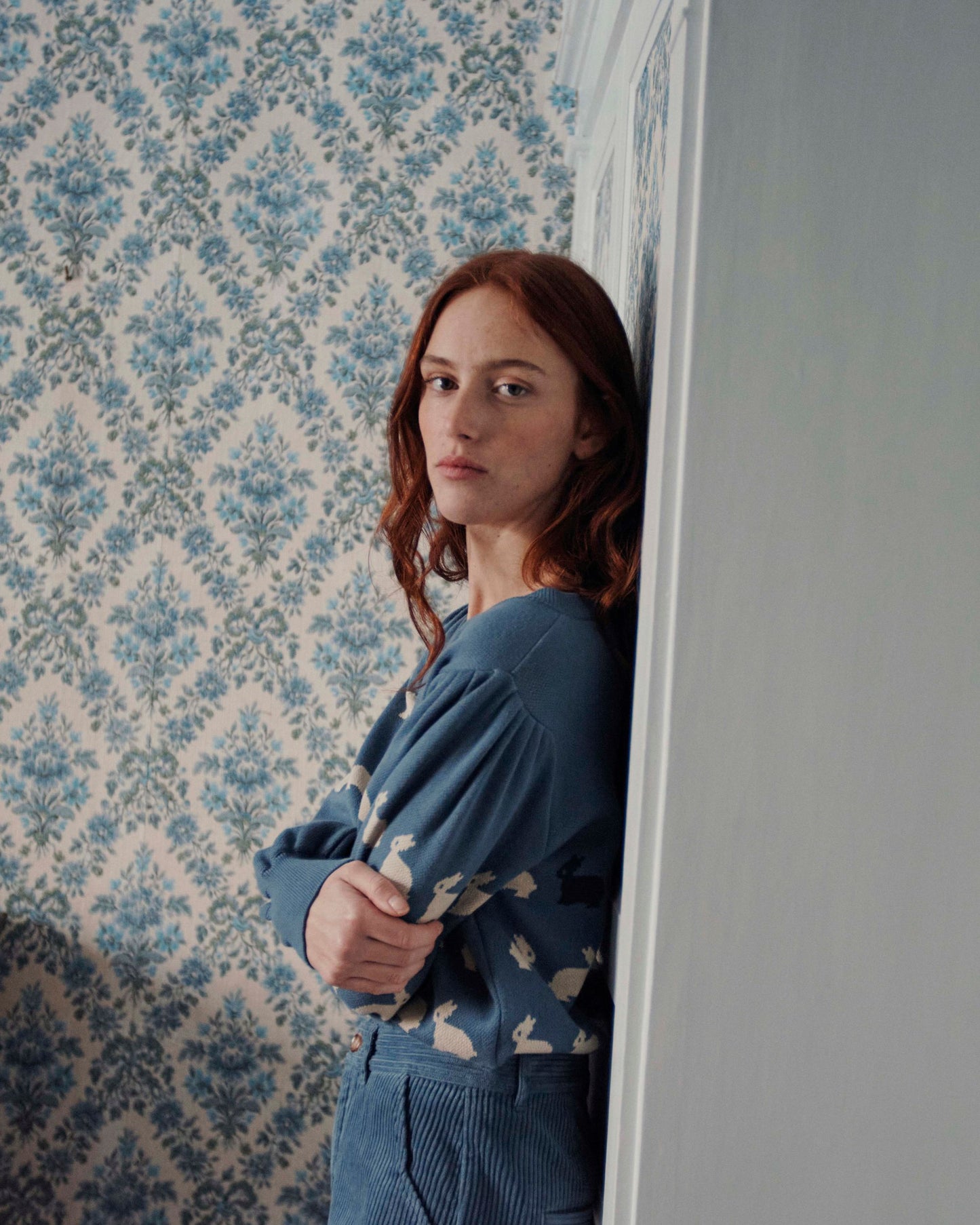 Pull jacquard lapin coton bio bleu