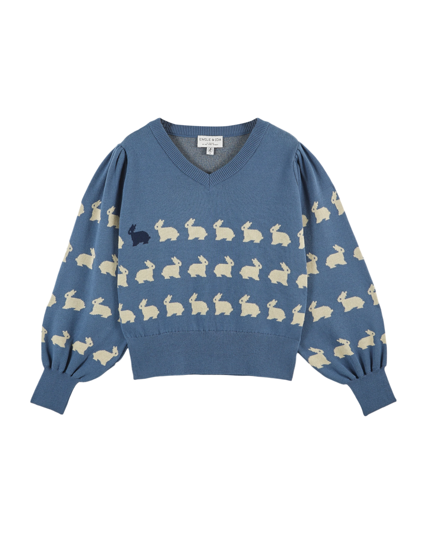 Pull jacquard lapin coton bio bleu