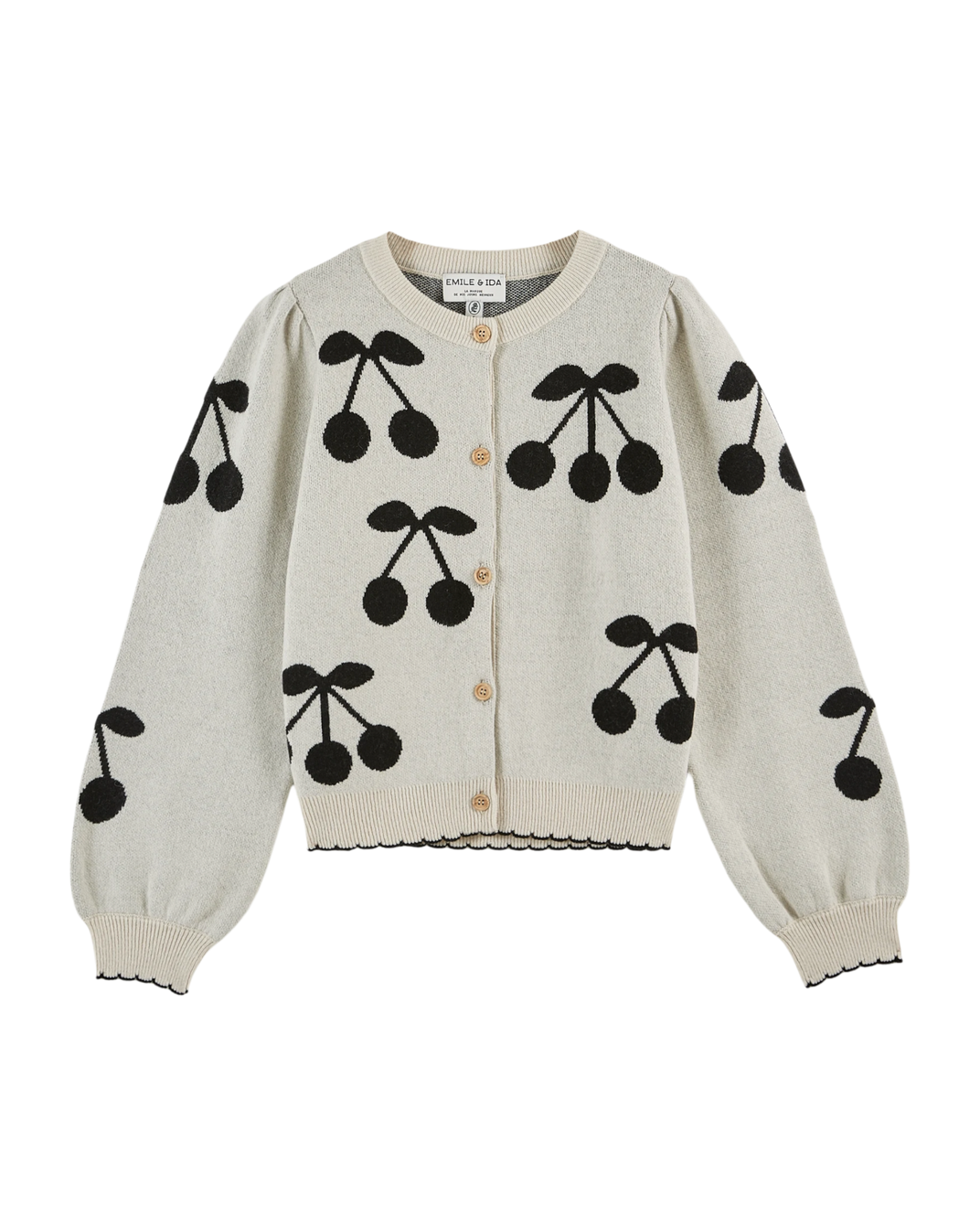 Cardigan jacquard écru à cerises noires