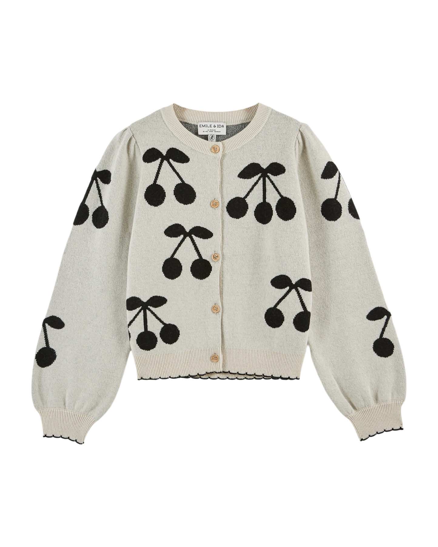 Cardigan jacquard écru à cerises noires
