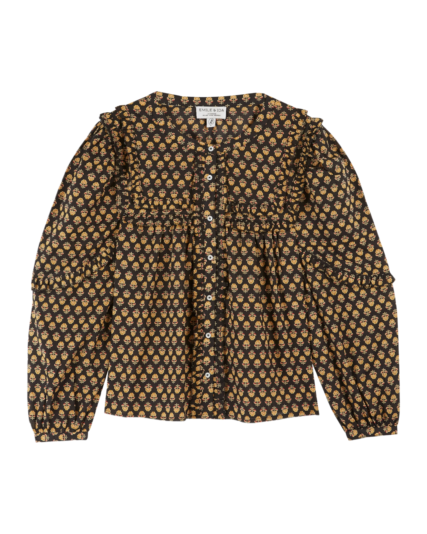 Blouse volantée noire à fleurs