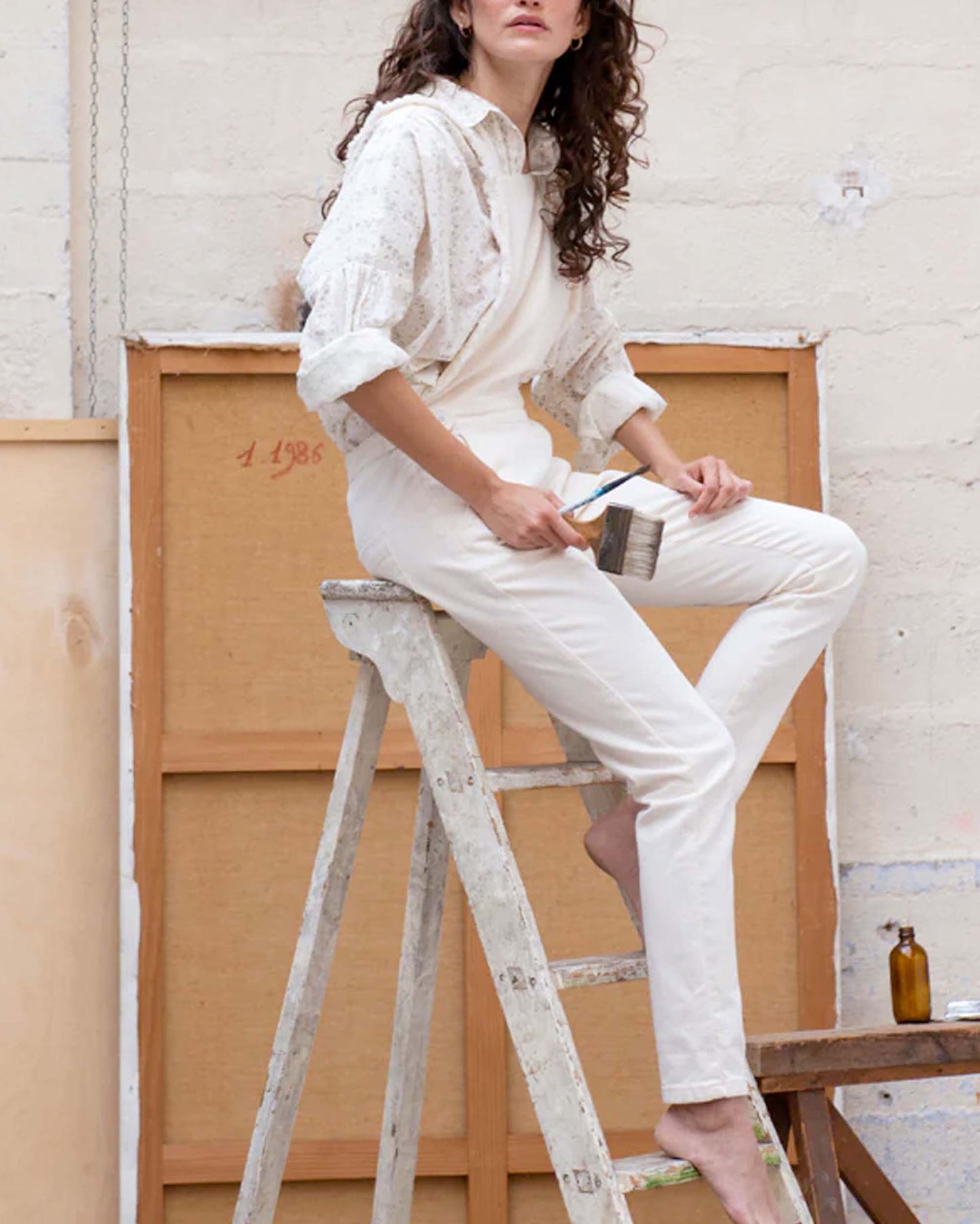 Ecru crossed back denim overalls