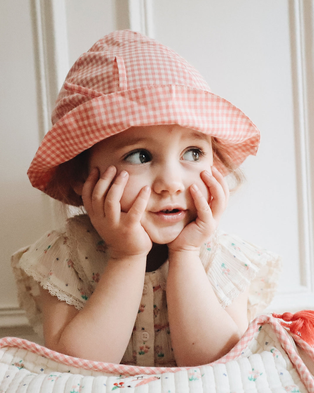 Pink gingham cotton hat