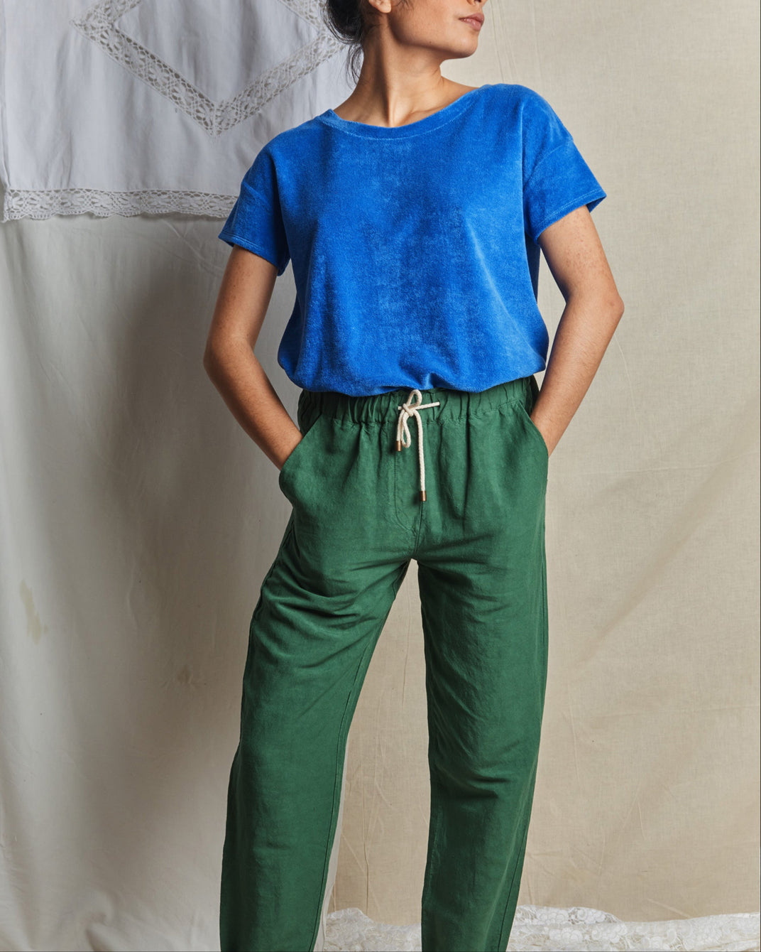 Pantalon coupe relaxed en lin et viscose bouteille