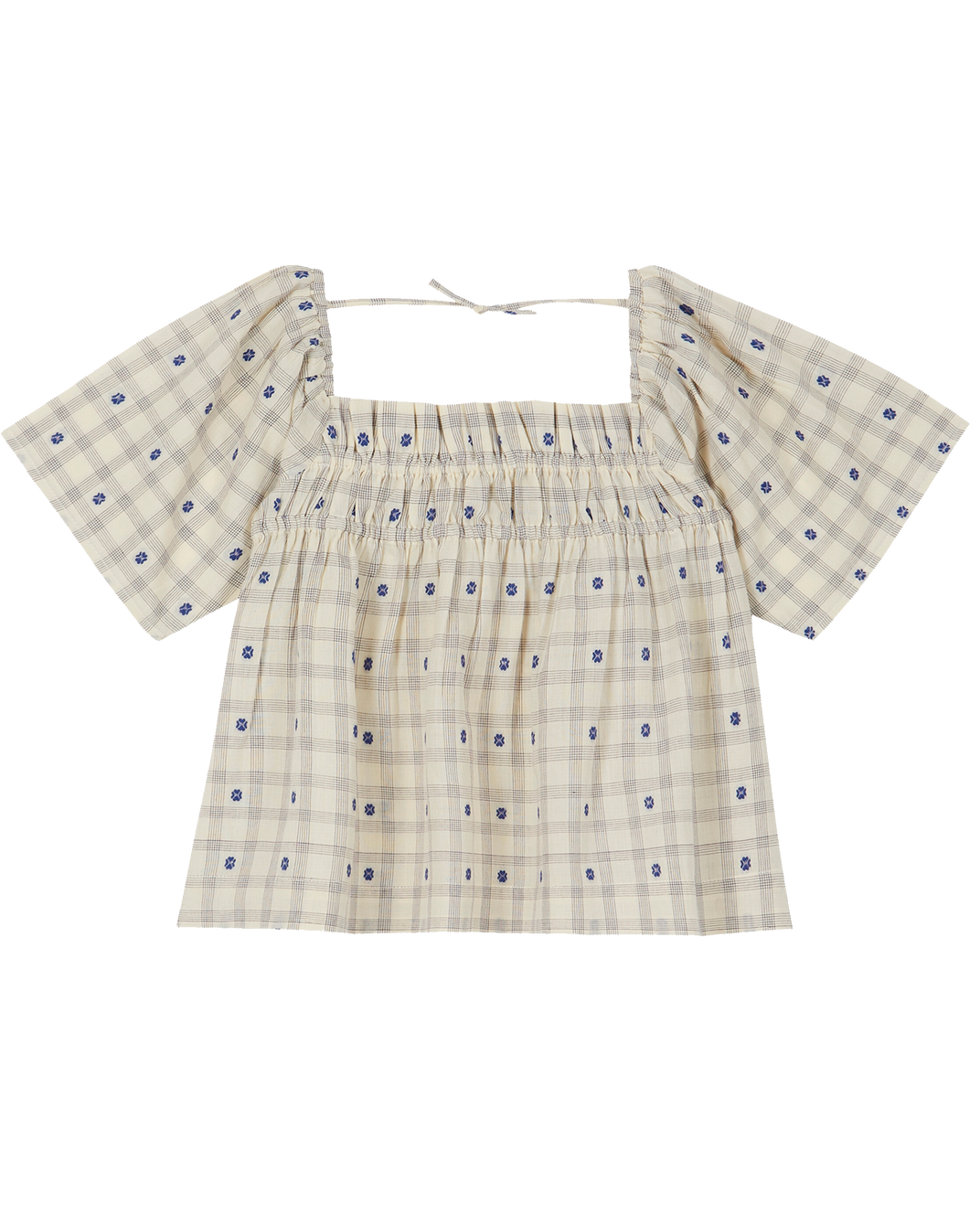 Blouse coton carreaux fleurs bleu