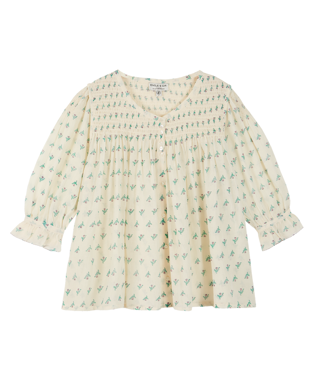 Ecru cotton voile blouse with purple daffodil