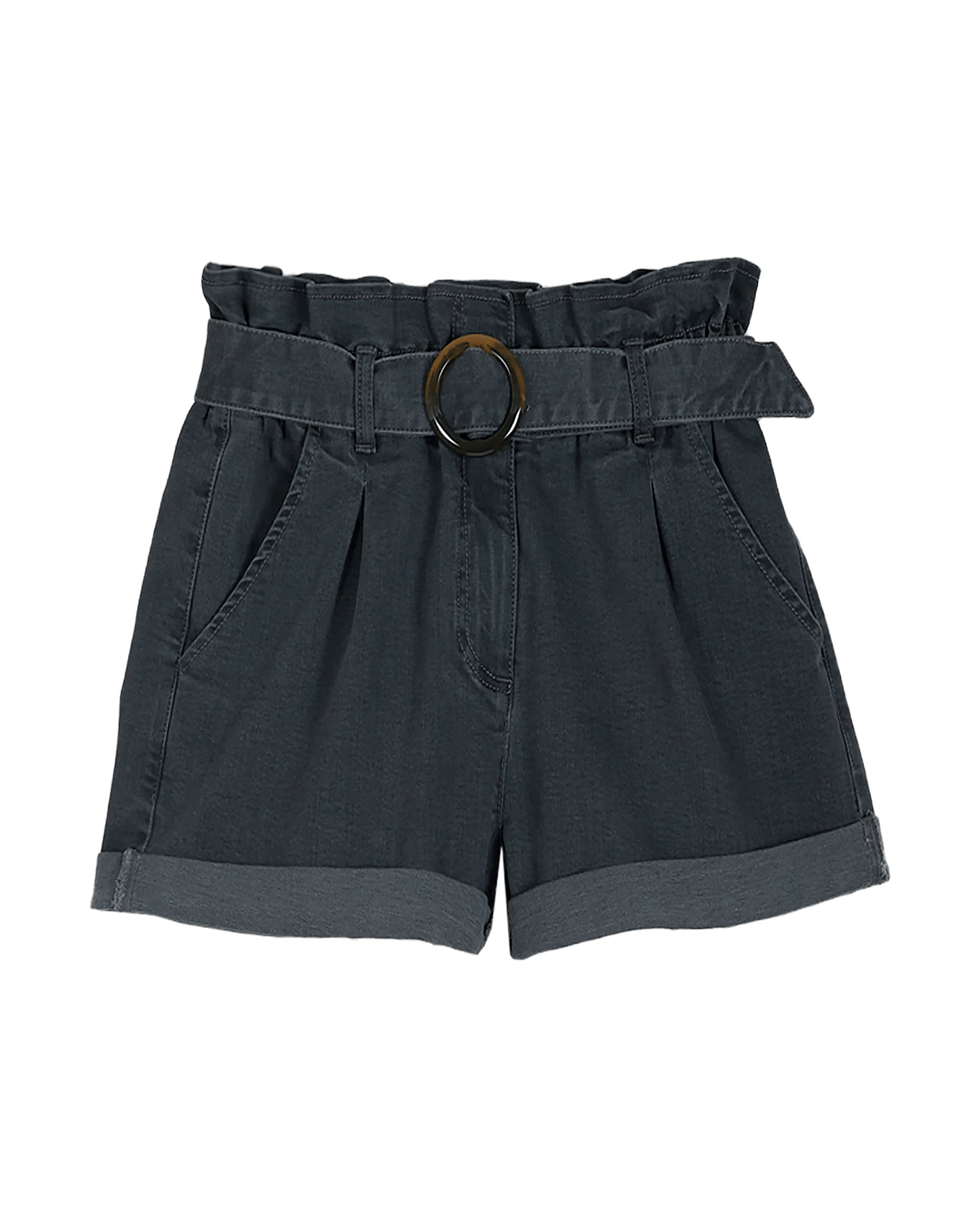 Grey stretch denim belted shorts