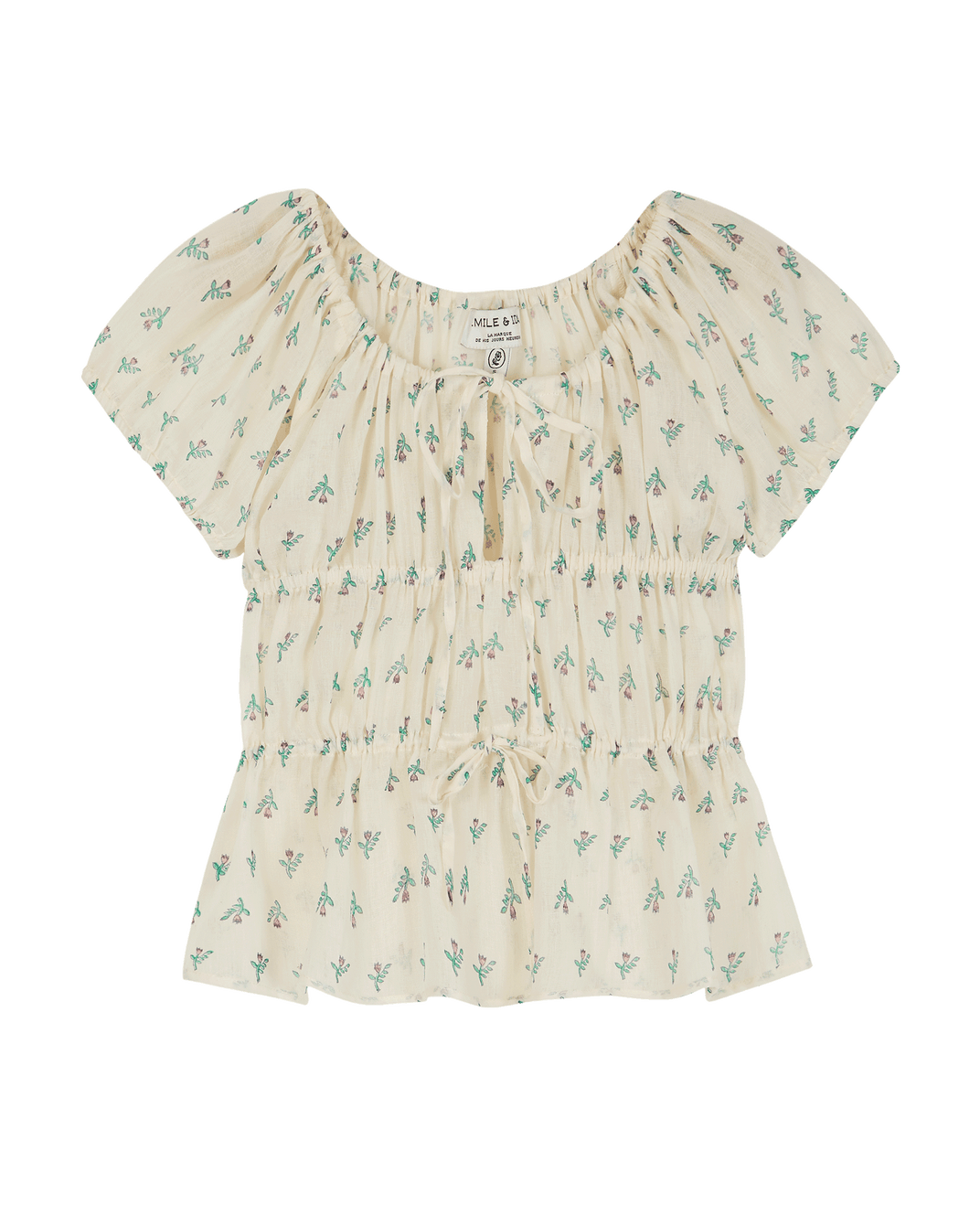 Ecru cotton top with purple daffodil