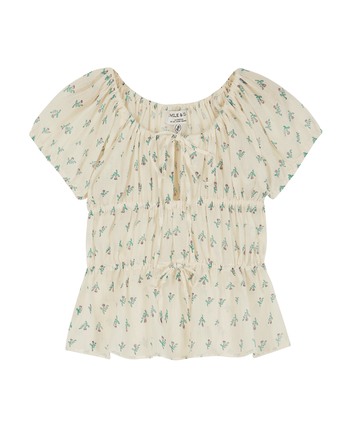 Ecru cotton top with purple daffodil