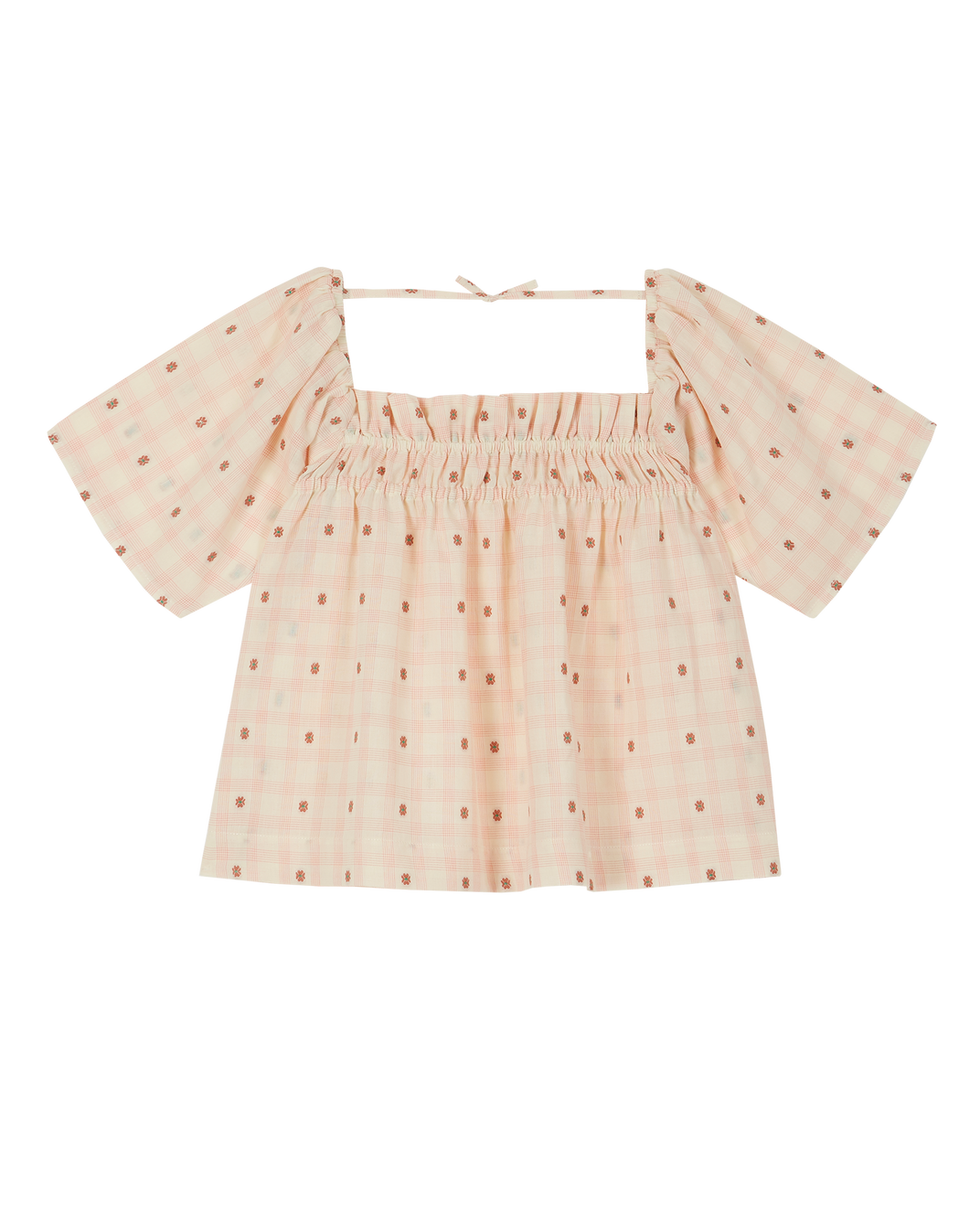 Blouse coton carreaux fleurs rose