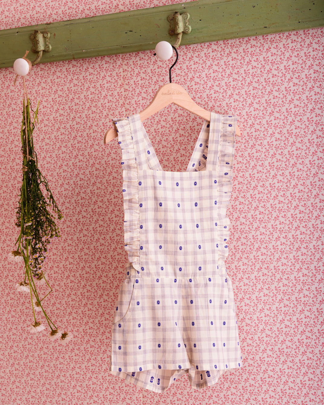 Salopette - coton carreaux fleurs bleu