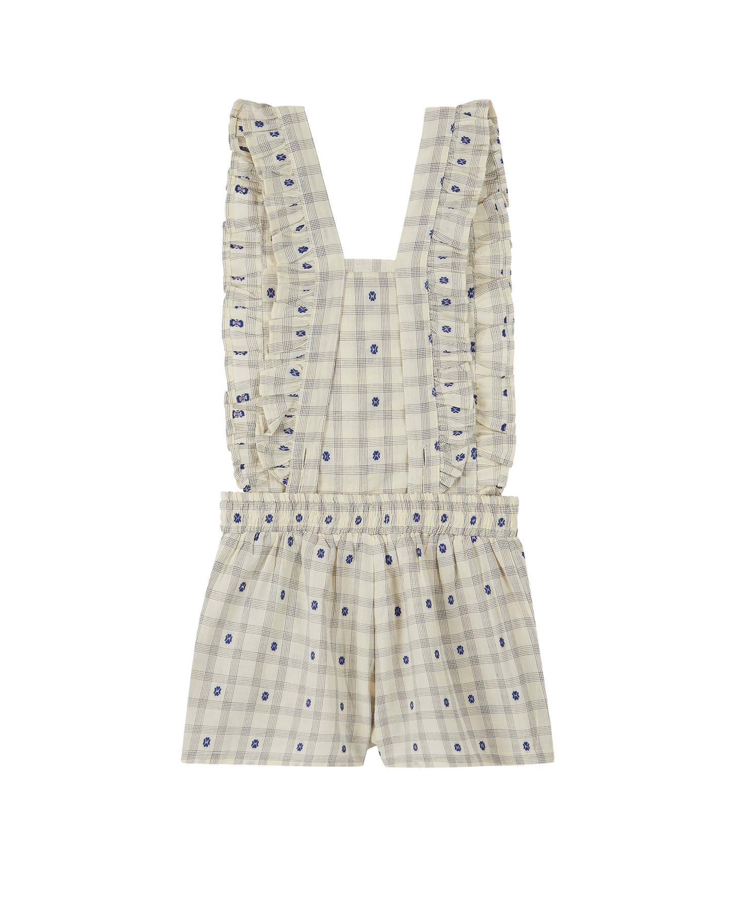 Salopette coton carreaux fleurs bleu