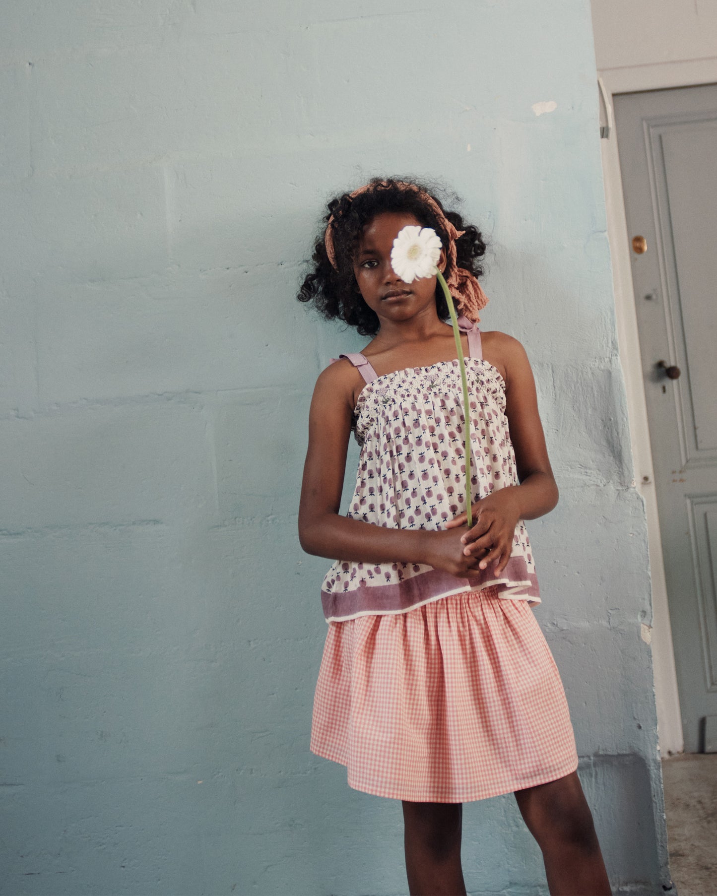 Short pink gingham cotton skirt