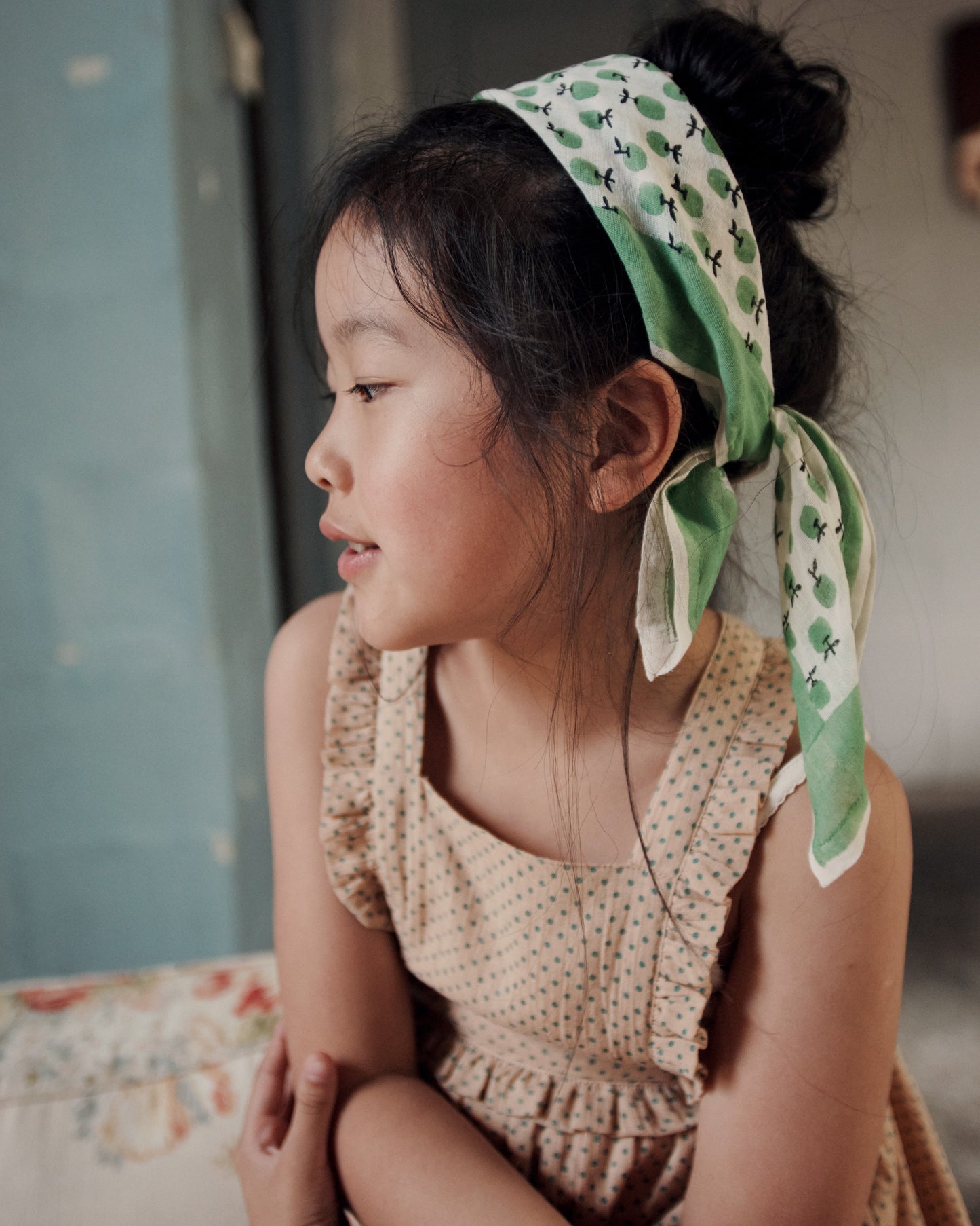 Green polka dot cotton dungaree dress