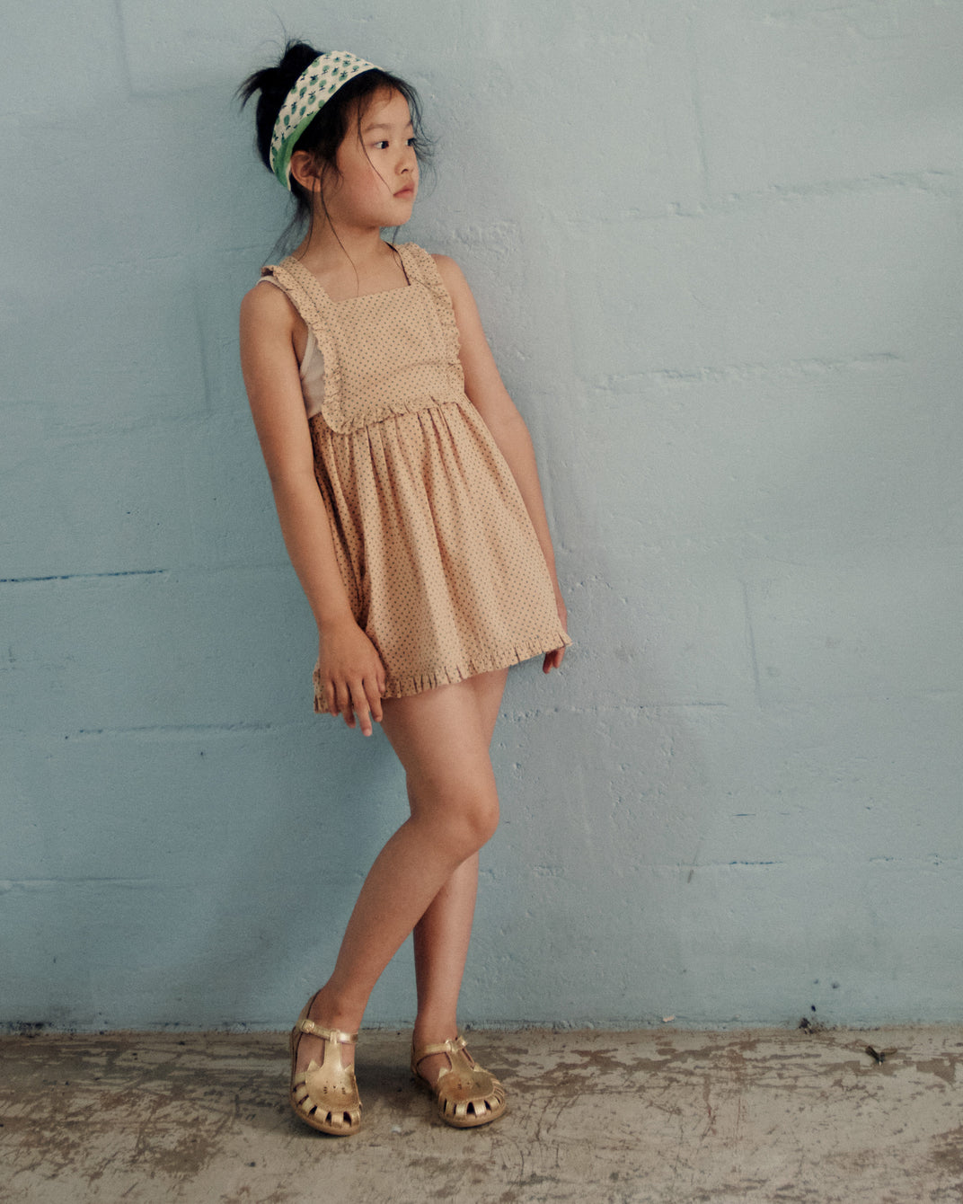 Green polka dot cotton dungaree dress