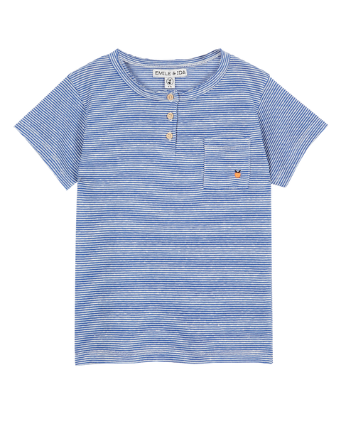 T-shirt - Col tunisien coton bio flammé bleu