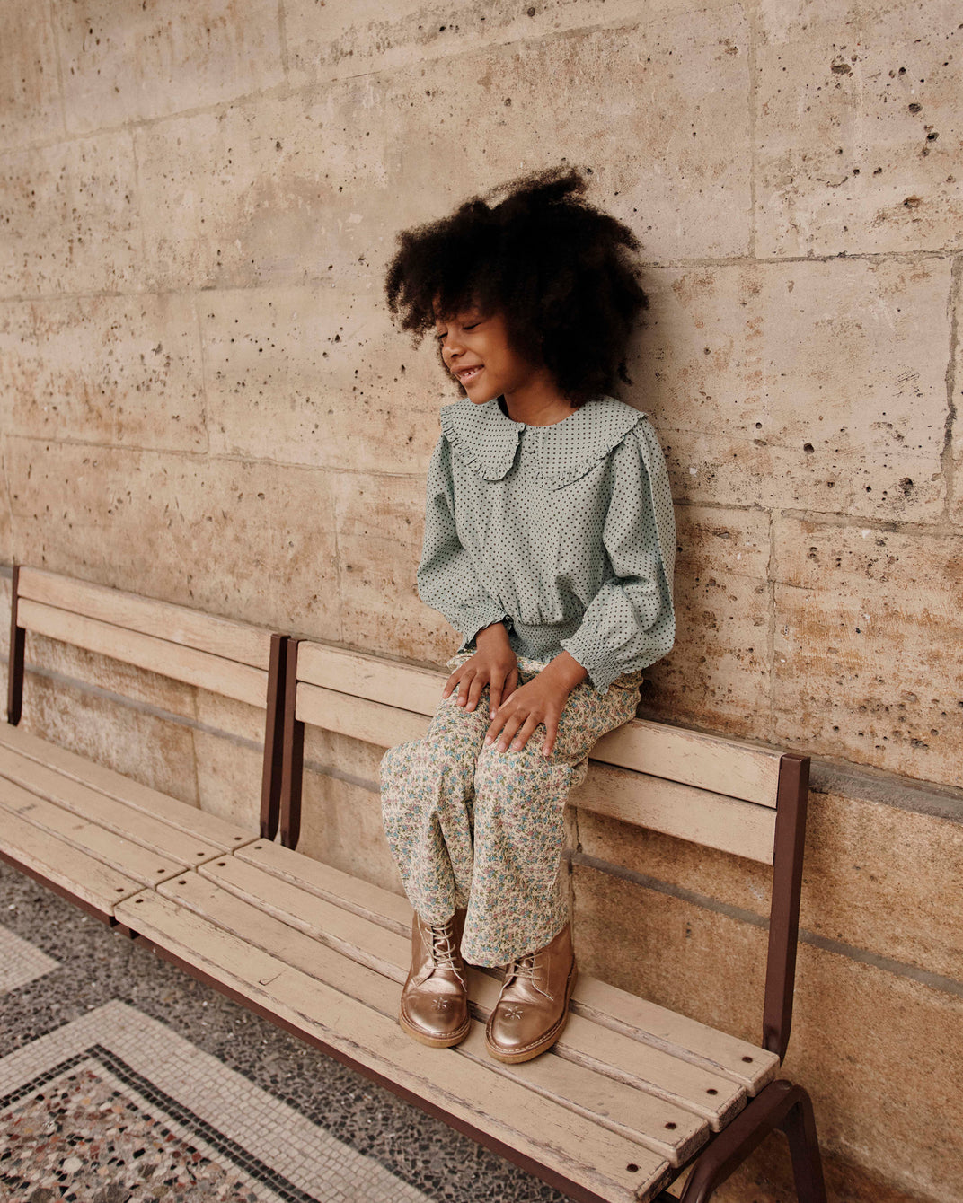 Blouse grand col à pois céladon