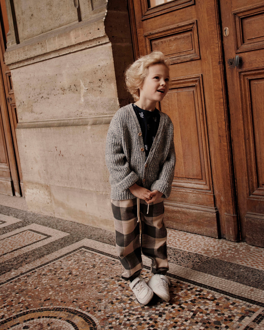 Pantalon carreaux gris et beige