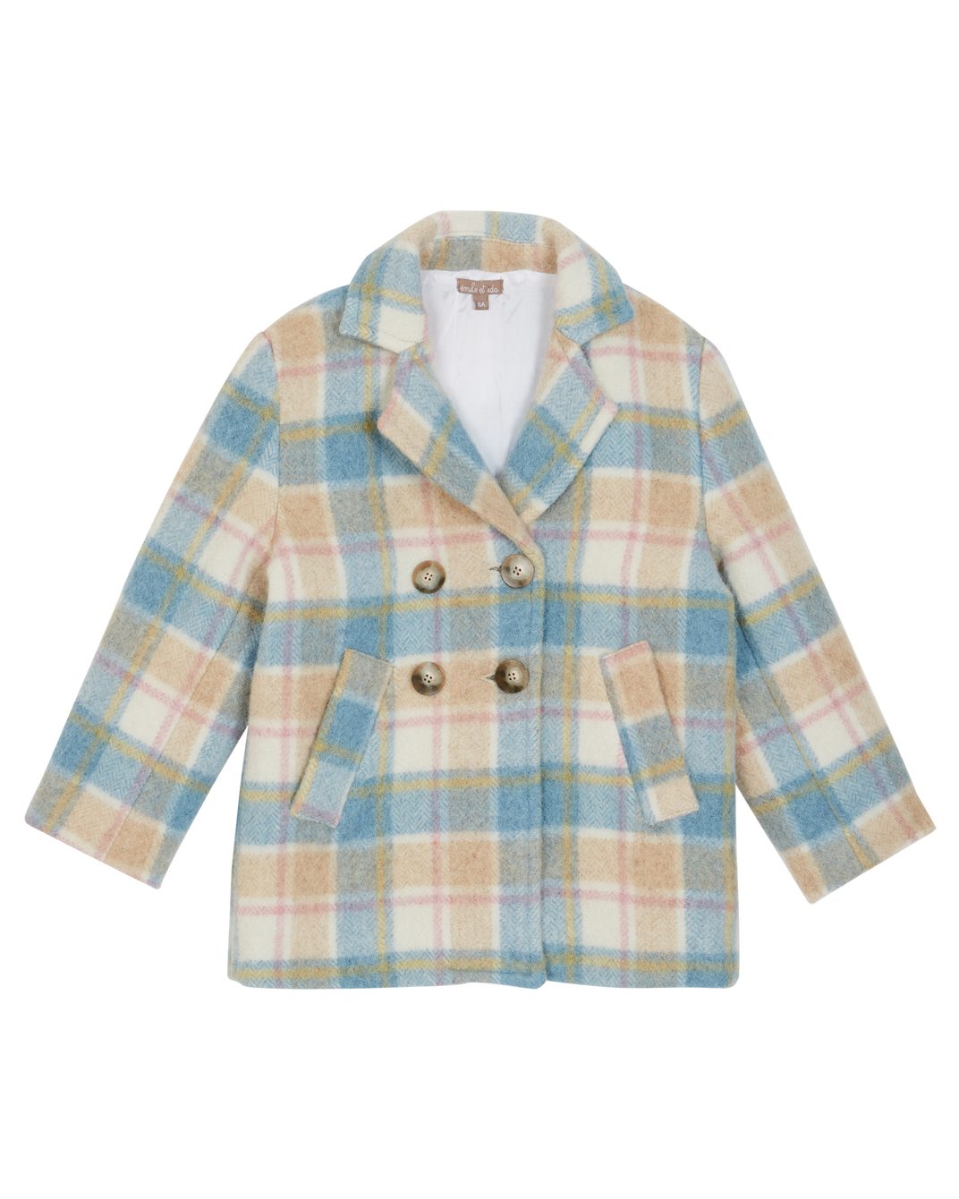 Manteau laine carreaux bleu et beige